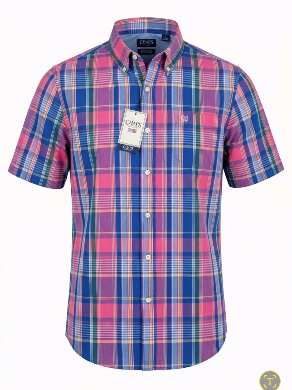 Chaps Men’s Pink and Blue Plaid Short-Sleeve Button-Down Shirt